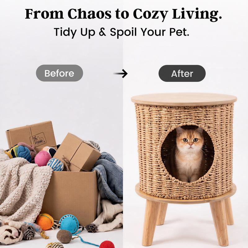 Yeyro 2-in-1 Rattan Cat Cave & Side Table