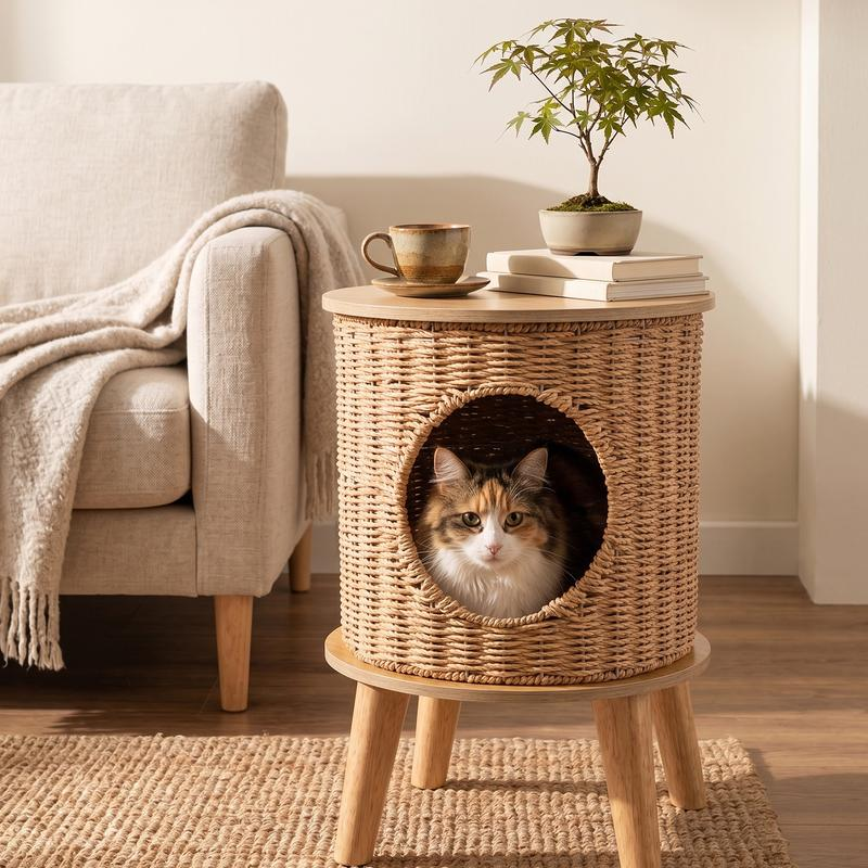 Yeyro 2-in-1 Rattan Cat Cave & Side Table
