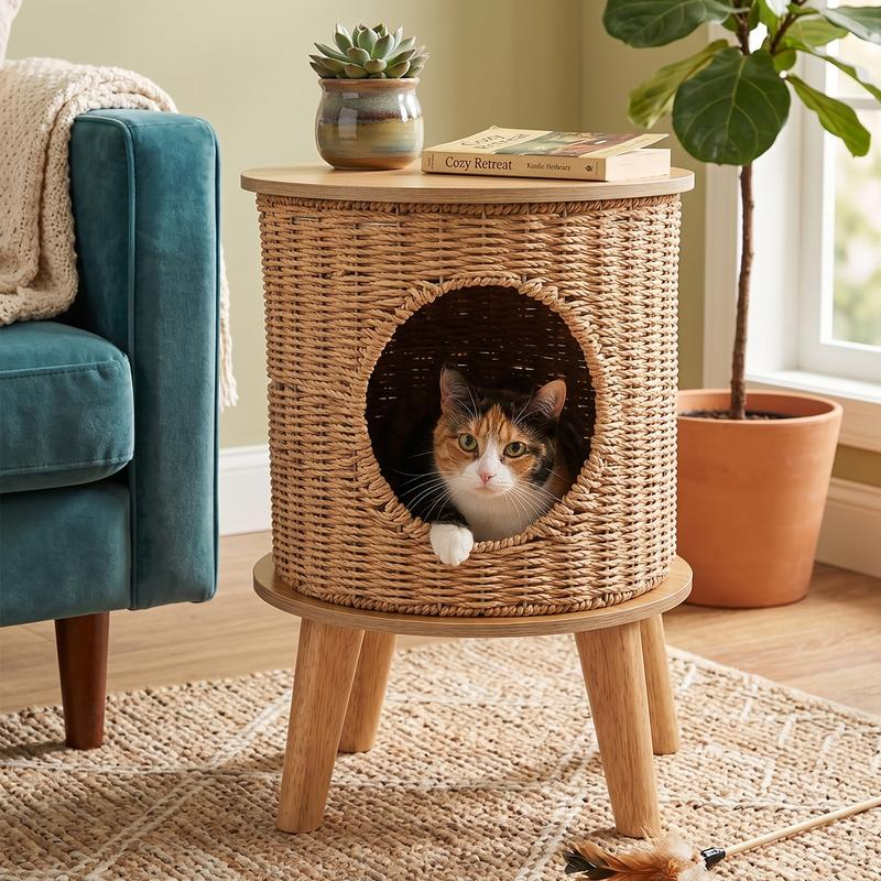 Yeyro 2-in-1 Rattan Cat Cave & Side Table